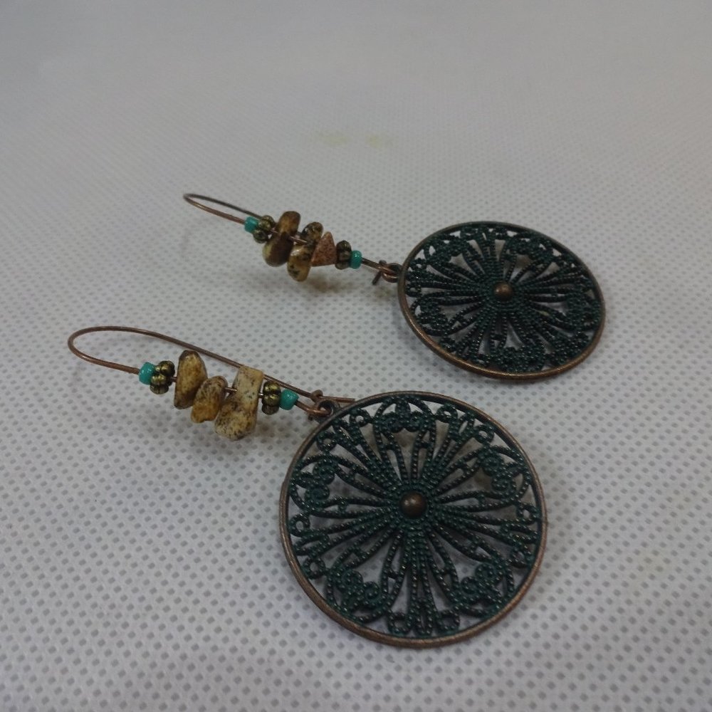 Rustic "COPPER DISC" with CHIP BEADS Handmade Copper Dangle Earrings #580A
